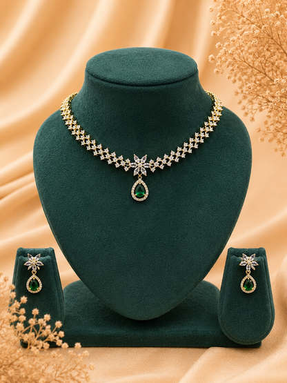 Elegant AD Stone Necklace Set with Emerald Drop Choker Pendant Set