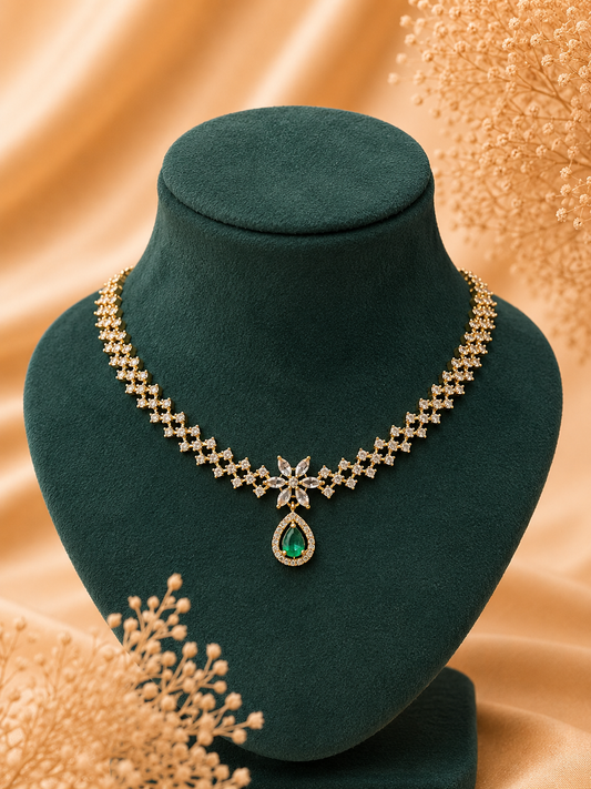 Elegant AD Stone Necklace Set with Emerald Drop Choker Pendant Set