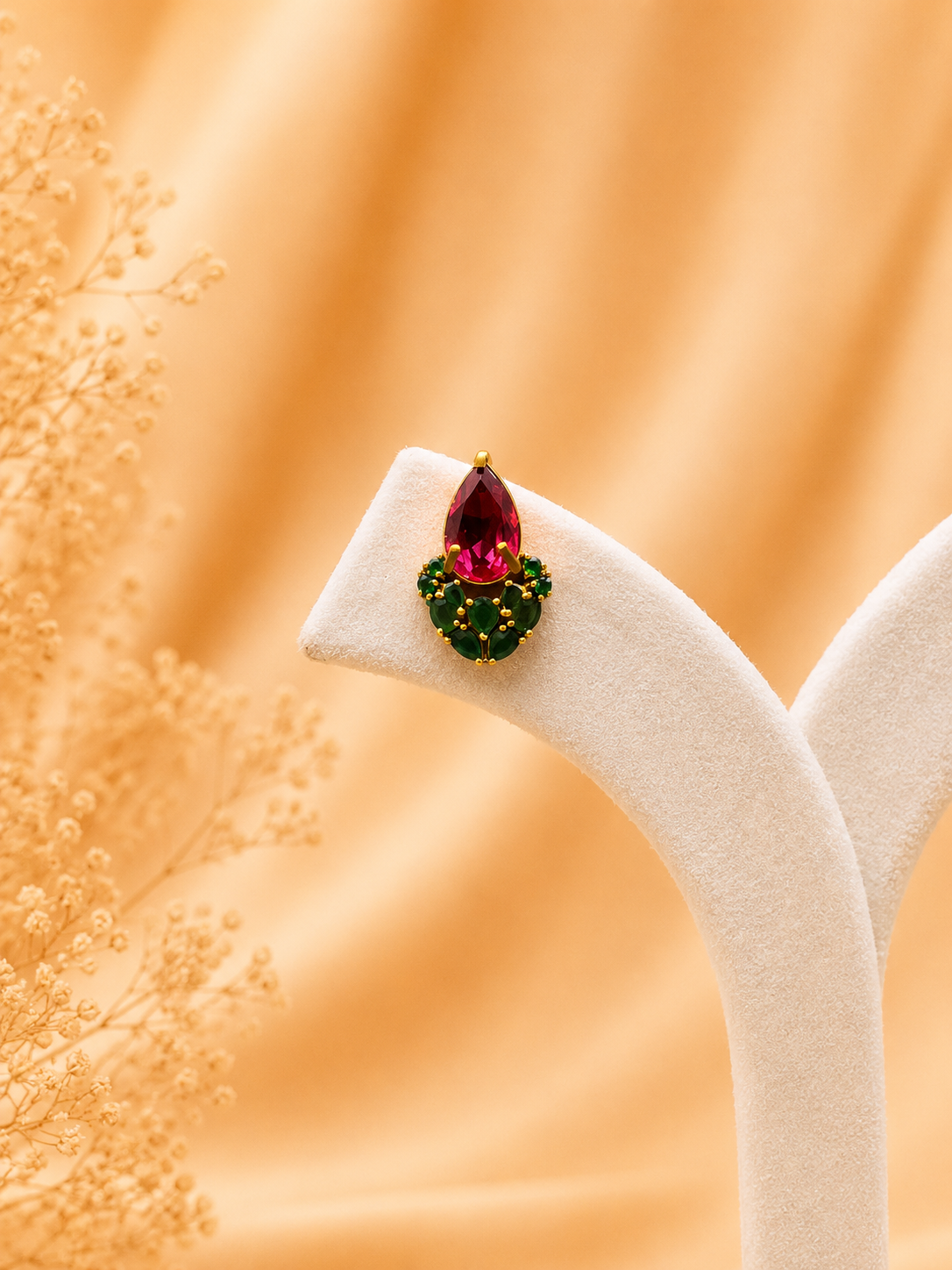 Elegant Ruby Pink & Green Stone Stud Earrings