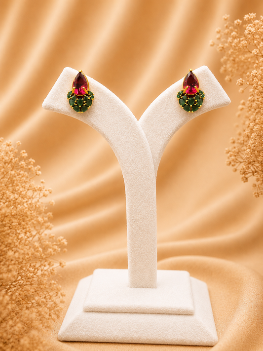 Elegant Ruby Pink & Green Stone Stud Earrings