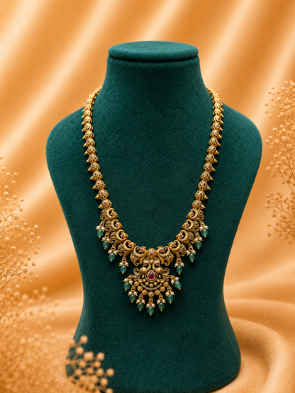 Antique Gold Peacock-Inspired Long Haaram Set with Green Bead Drops