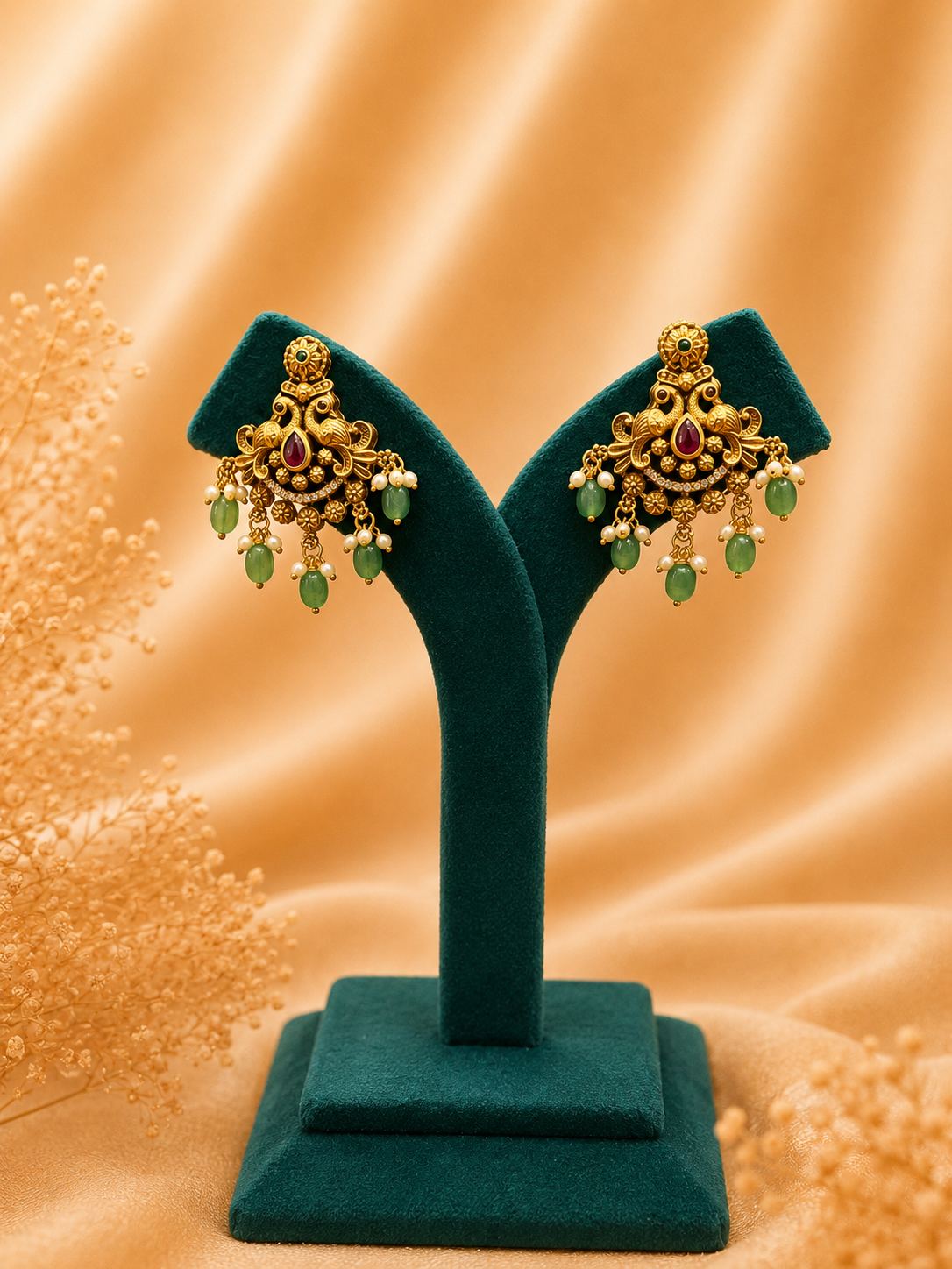 Antique Gold Peacock-Inspired Long Haaram Set with Green Bead Drops