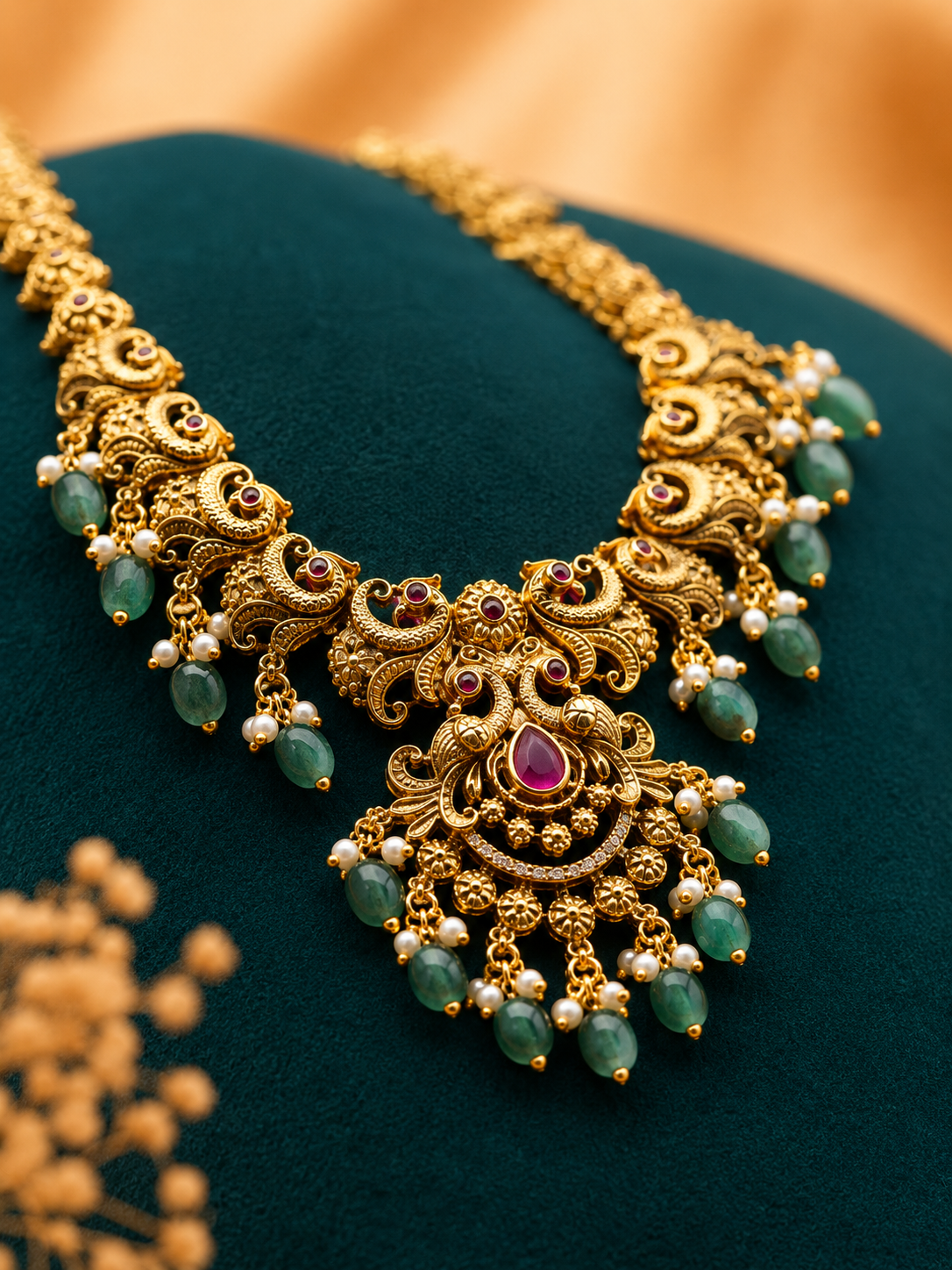 Antique Gold Peacock-Inspired Long Haaram Set with Green Bead Drops