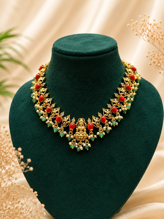 Antique Gold-Plated Lakshmi Necklace Set with Coral Beads & Mango Motifs