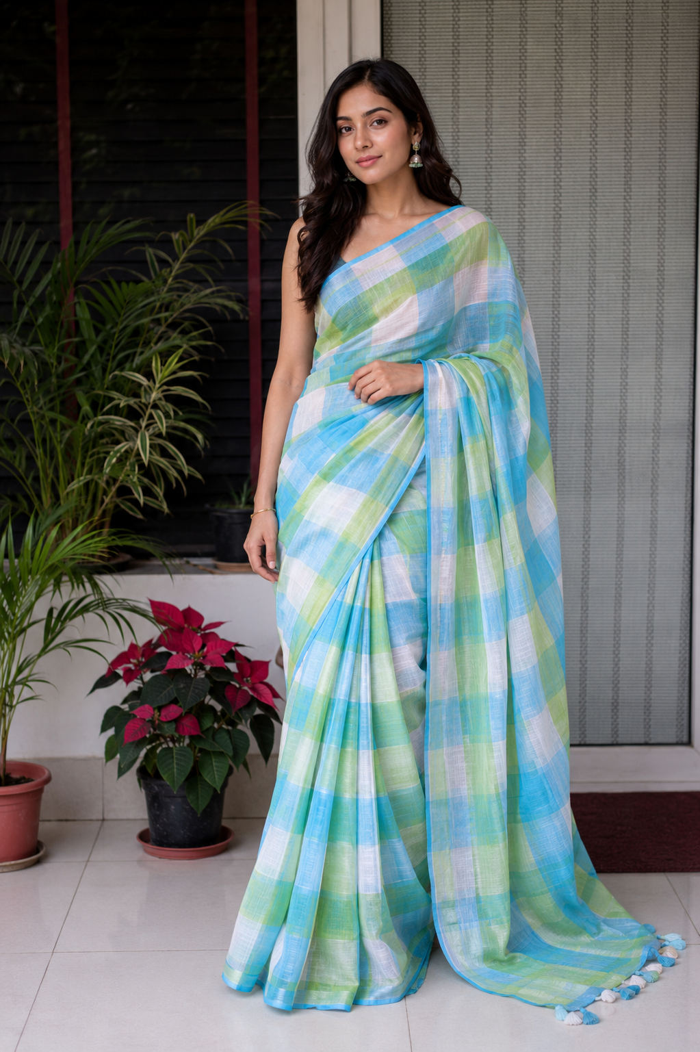 Pure Linen Cotton Saree – Aqua Blue & Fresh Green Checks with Playful Tassels