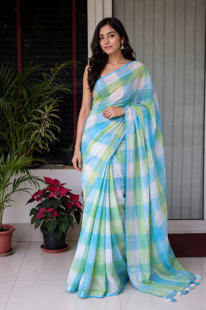 Pure Linen Cotton Saree – Aqua Blue & Fresh Green Checks with Playful Tassels