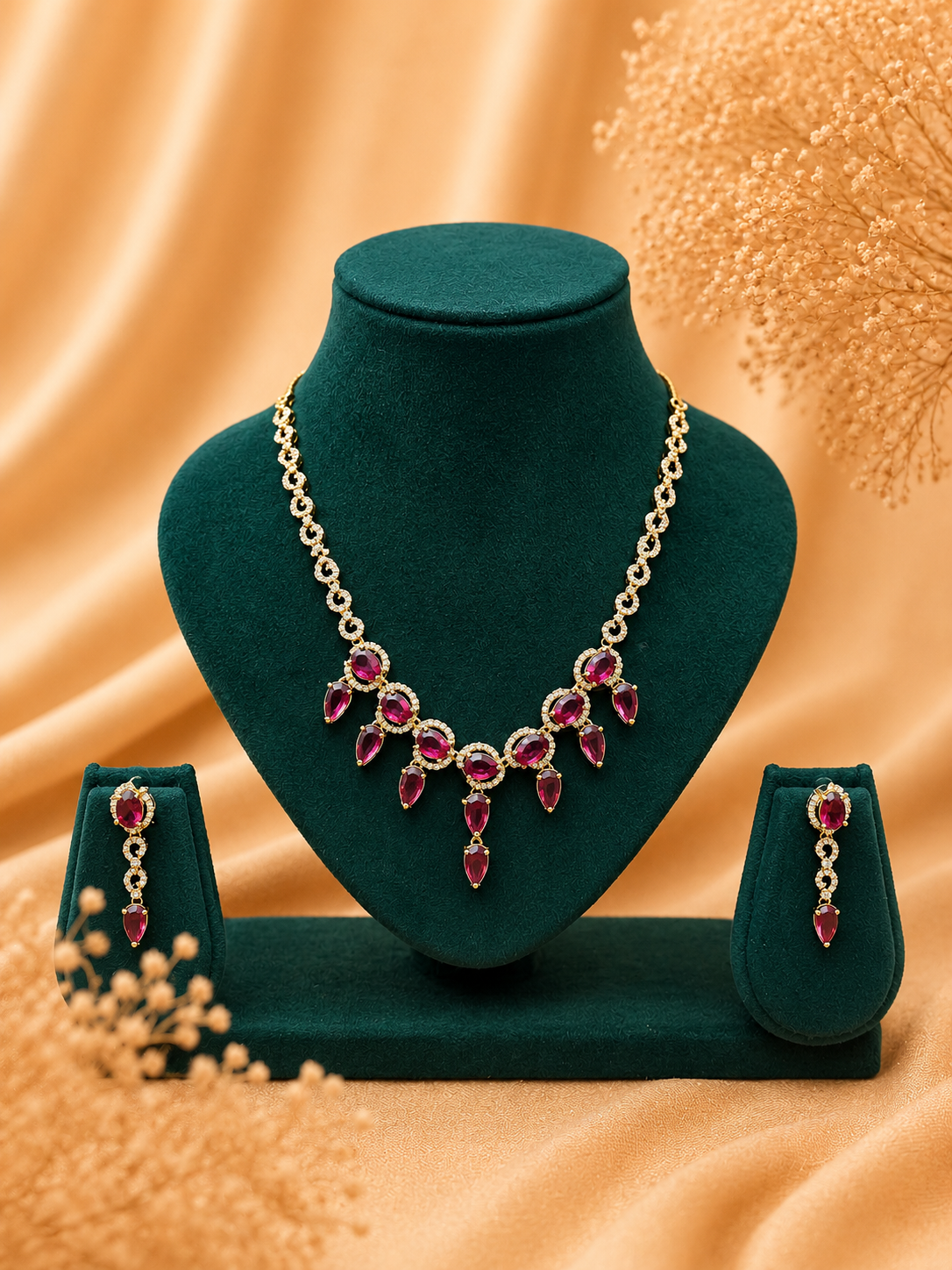 Elegant Gold Finish Necklace Set with Ruby Pink & White Stones