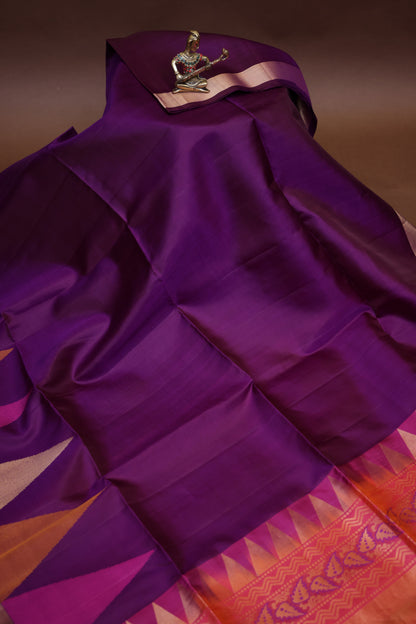 Pure Soft Silk Saree - Deep Royal Purple with Orange and Pink