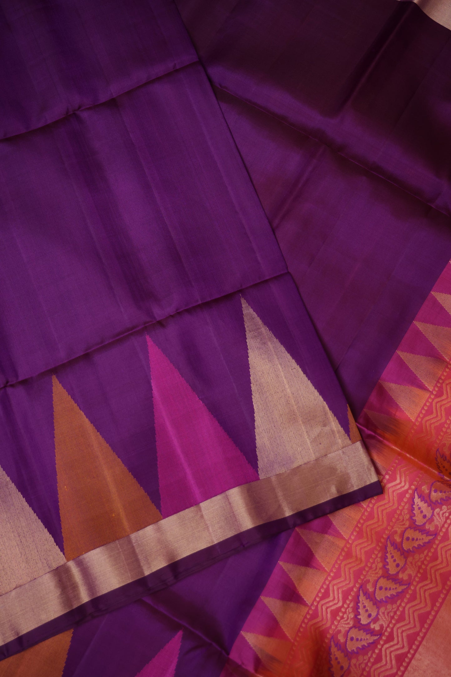 Pure Soft Silk Saree - Deep Royal Purple with Orange and Pink