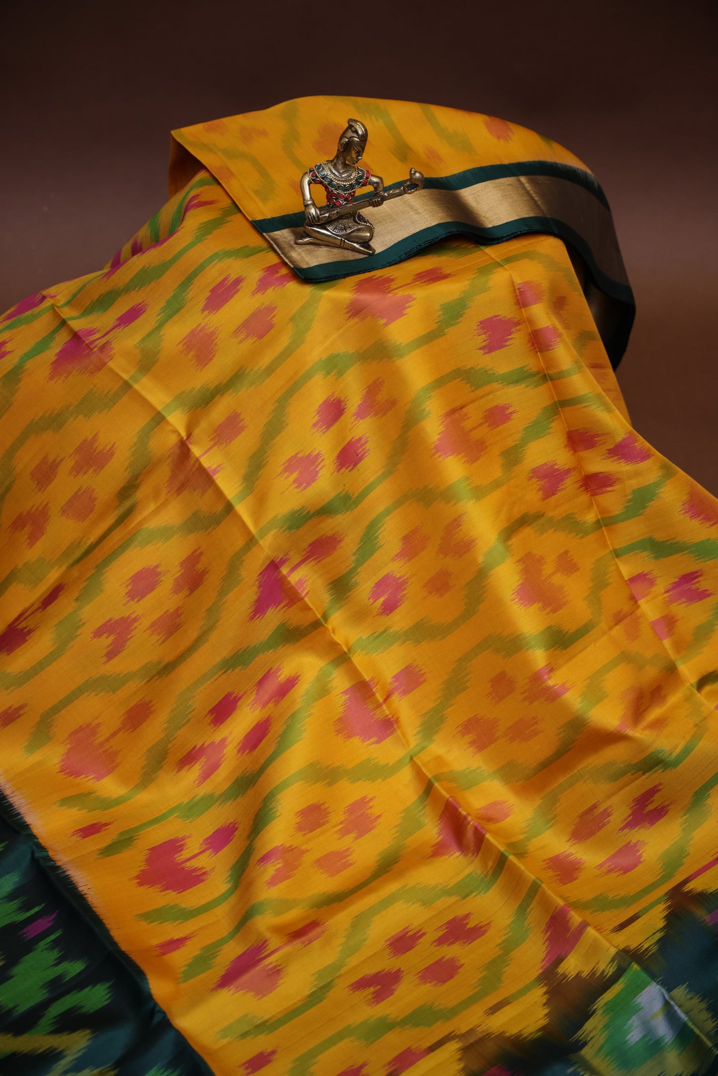 Pure Ikkat Soft Silk Saree - Mustard Yellow & Bottle Green