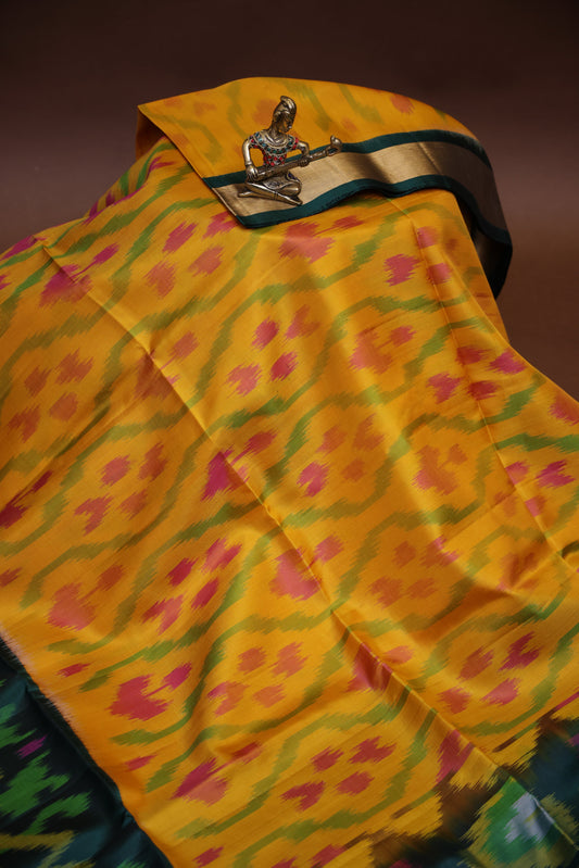 Pure Ikkat Soft Silk Saree - Mustard Yellow & Bottle Green