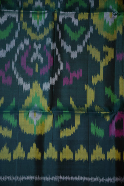 Pure Ikkat Soft Silk Saree - Mustard Yellow & Bottle Green