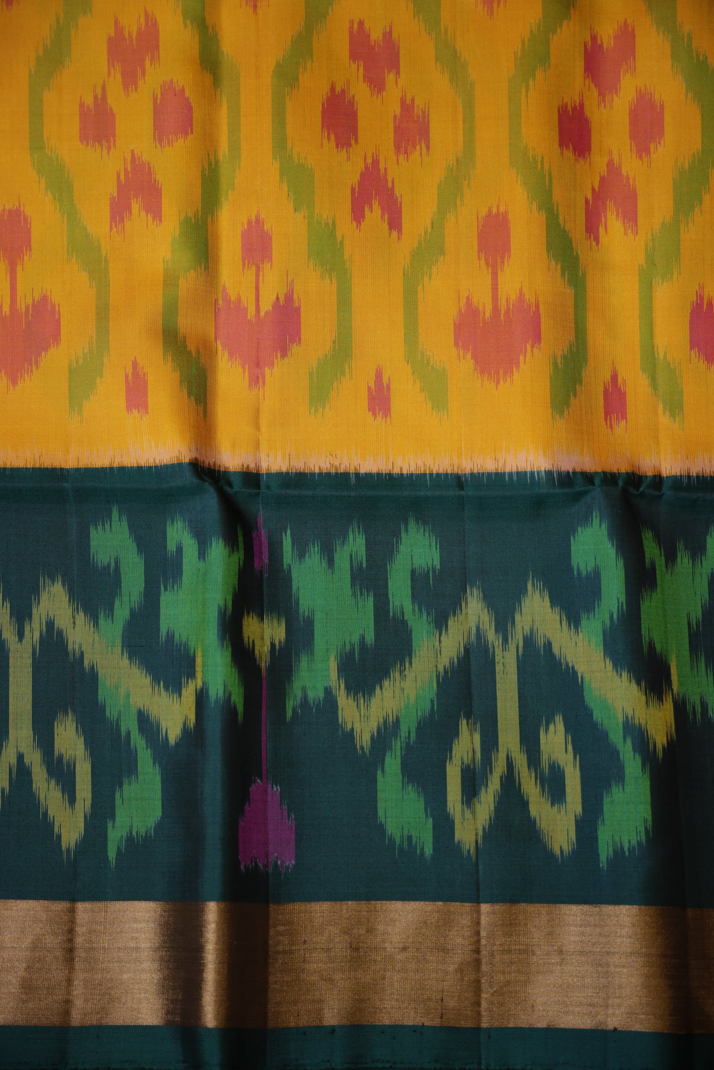 Pure Ikkat Soft Silk Saree - Mustard Yellow & Bottle Green