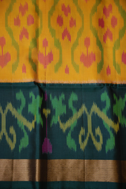 Pure Ikkat Soft Silk Saree - Mustard Yellow & Bottle Green