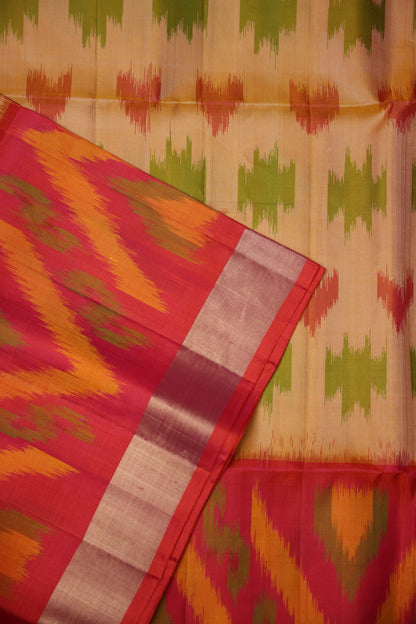 Pure Ikkat Soft Silk Saree - Beige & Orange