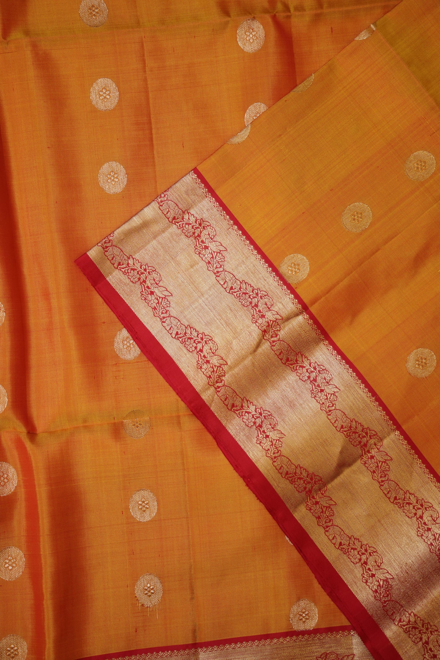 Pure Soft Silk Saree - Golden Yellow with Orange and Red