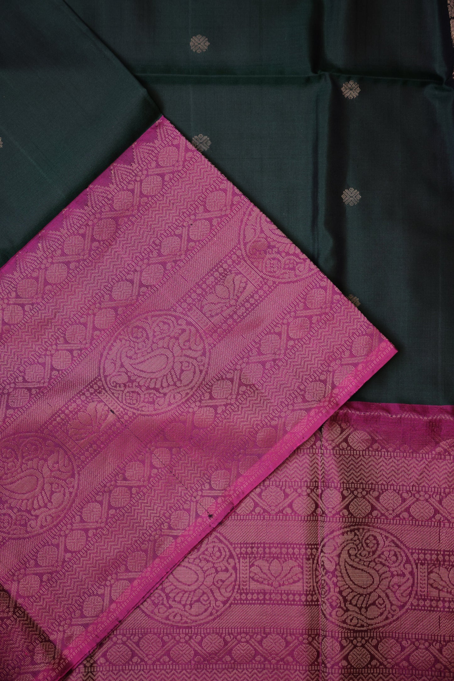 Pure Soft Silk Saree - Deep Bottle Green with Pink