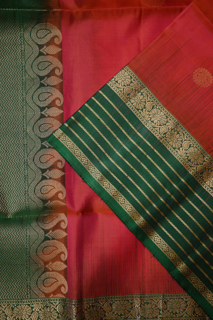 Pure Soft Silk Saree - Pink and Orange with Deep Green