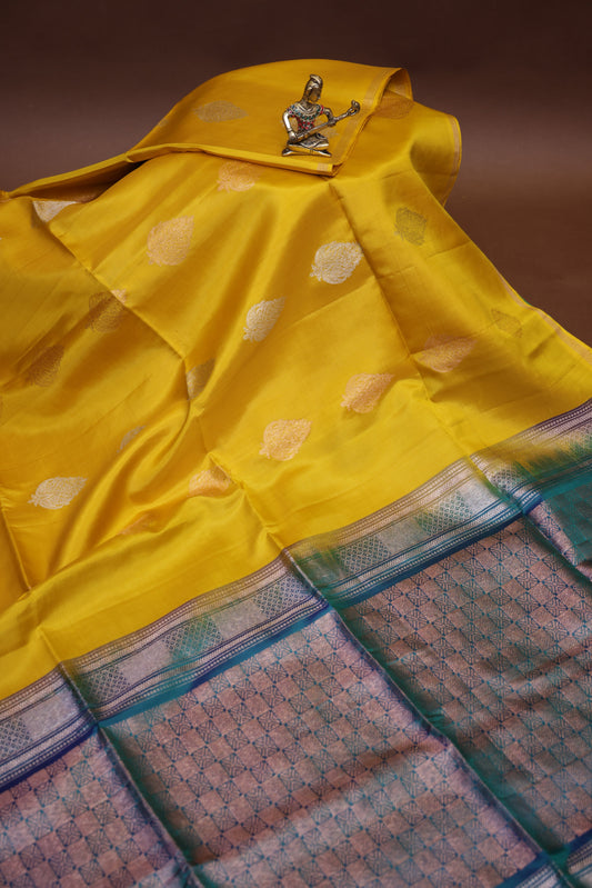 Pure Soft Silk Saree - Bright Turmeric Yellow with Teal Blue & Green