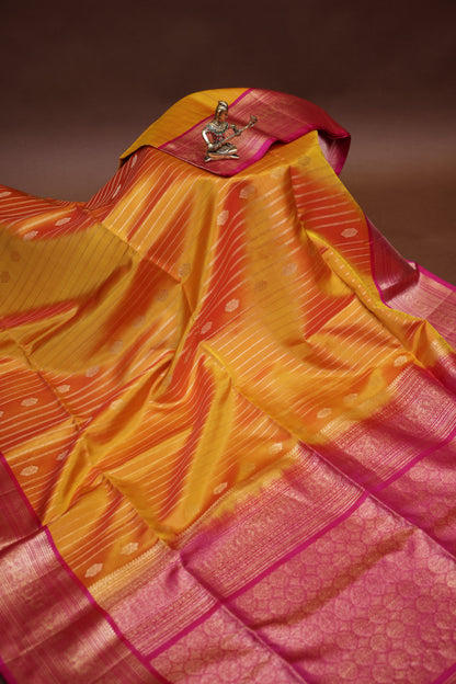 Pure Soft Silk Saree - Mustard Yellow with Hot Pink