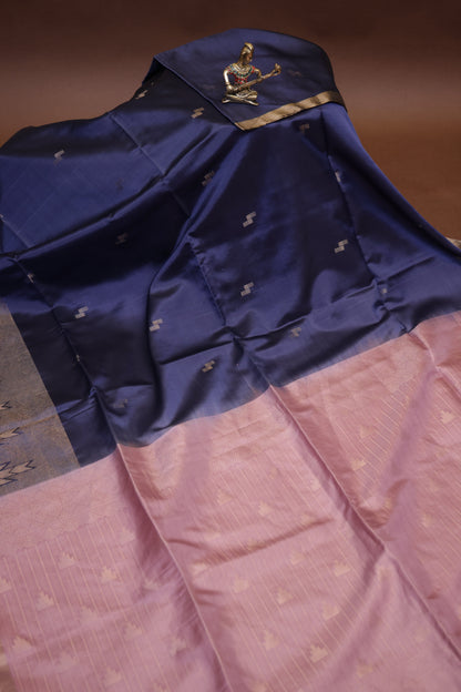 Pure Soft Silk Saree- Steel Blue & Blush Pink