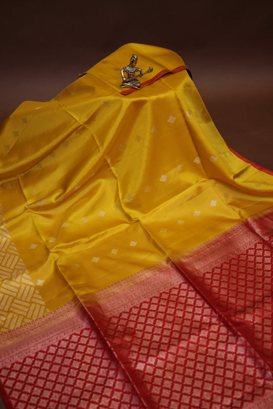 Pure Soft Silk Saree in Yellow - Yellow & Red