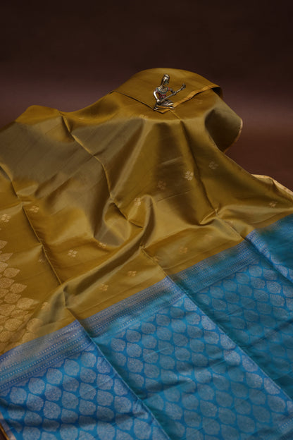 Pure Soft Silk Saree - Mehendi Green with Teal Blue