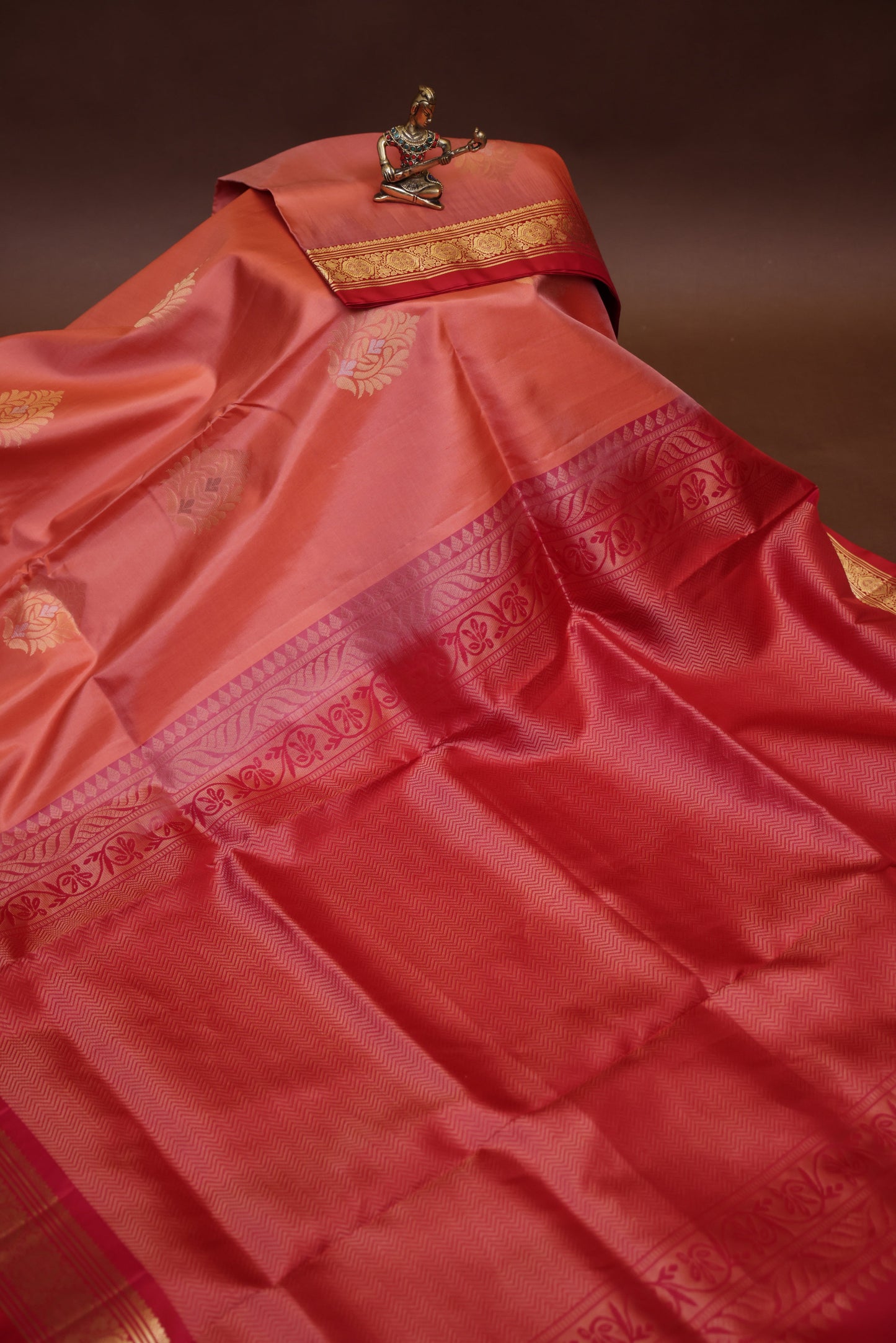 Pure Soft Silk Saree - Coral Pink & red
