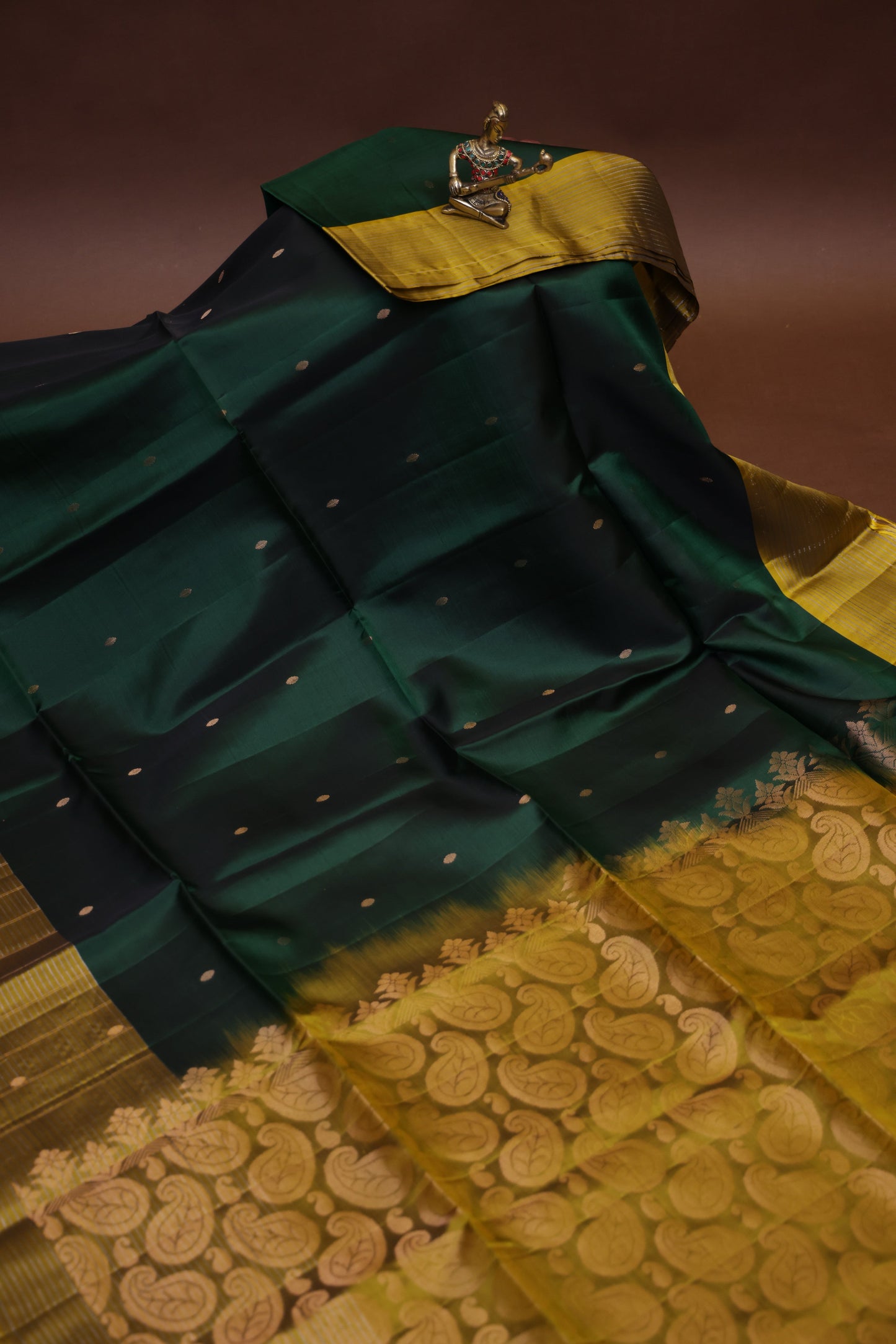 Pure Soft Silk Saree - Bottle Green & Mustard Yellow