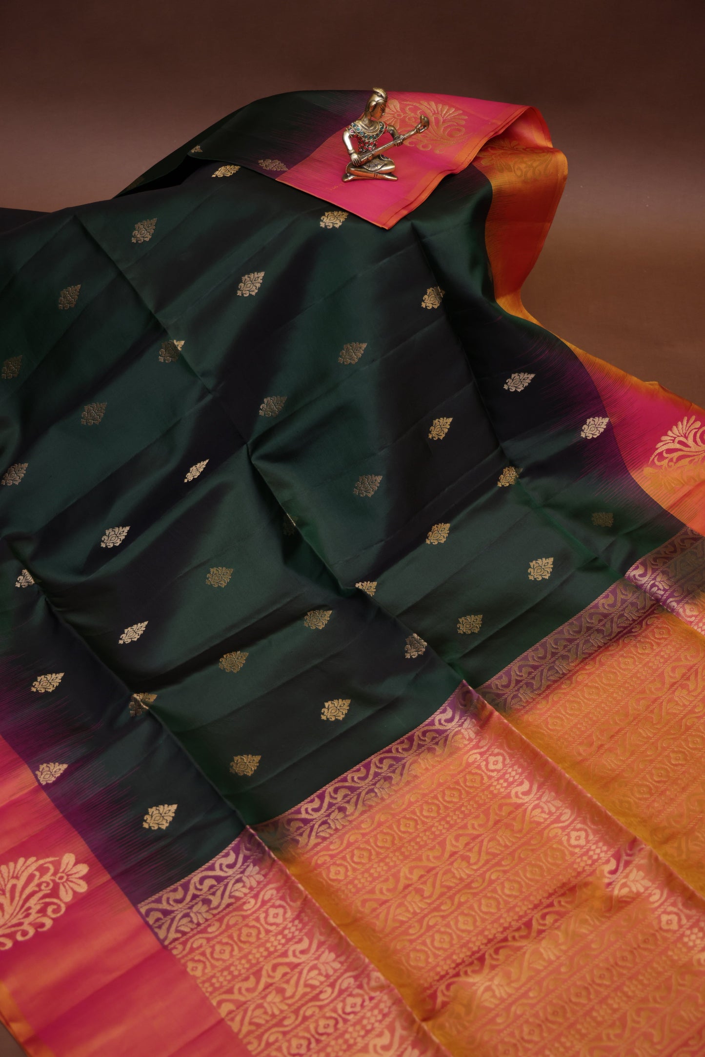 Pure Soft Silk Saree - Bottle Green & Orange