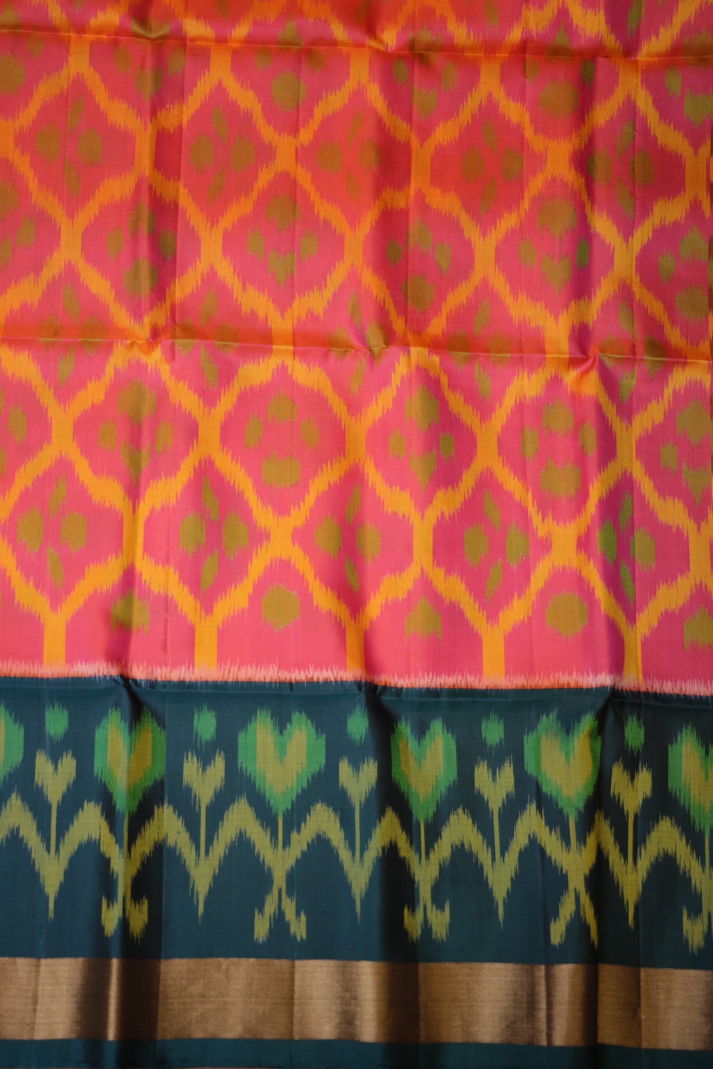 Pure Ikkat Soft Silk Saree - Peachy Pink & Bottle Green