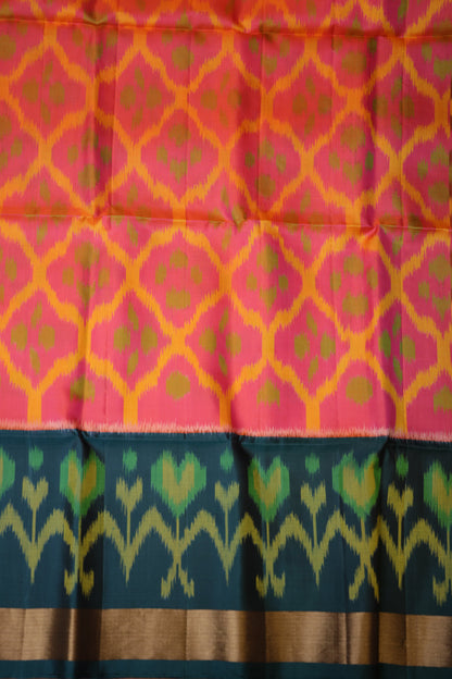 Pure Ikkat Soft Silk Saree - Peachy Pink & Bottle Green