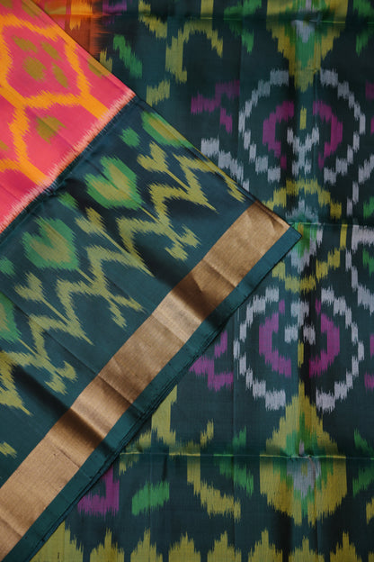 Pure Ikkat Soft Silk Saree - Peachy Pink & Bottle Green