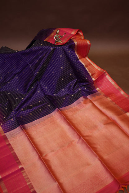 Pure Soft Silk Saree - Deep Purple with Pink & Orange