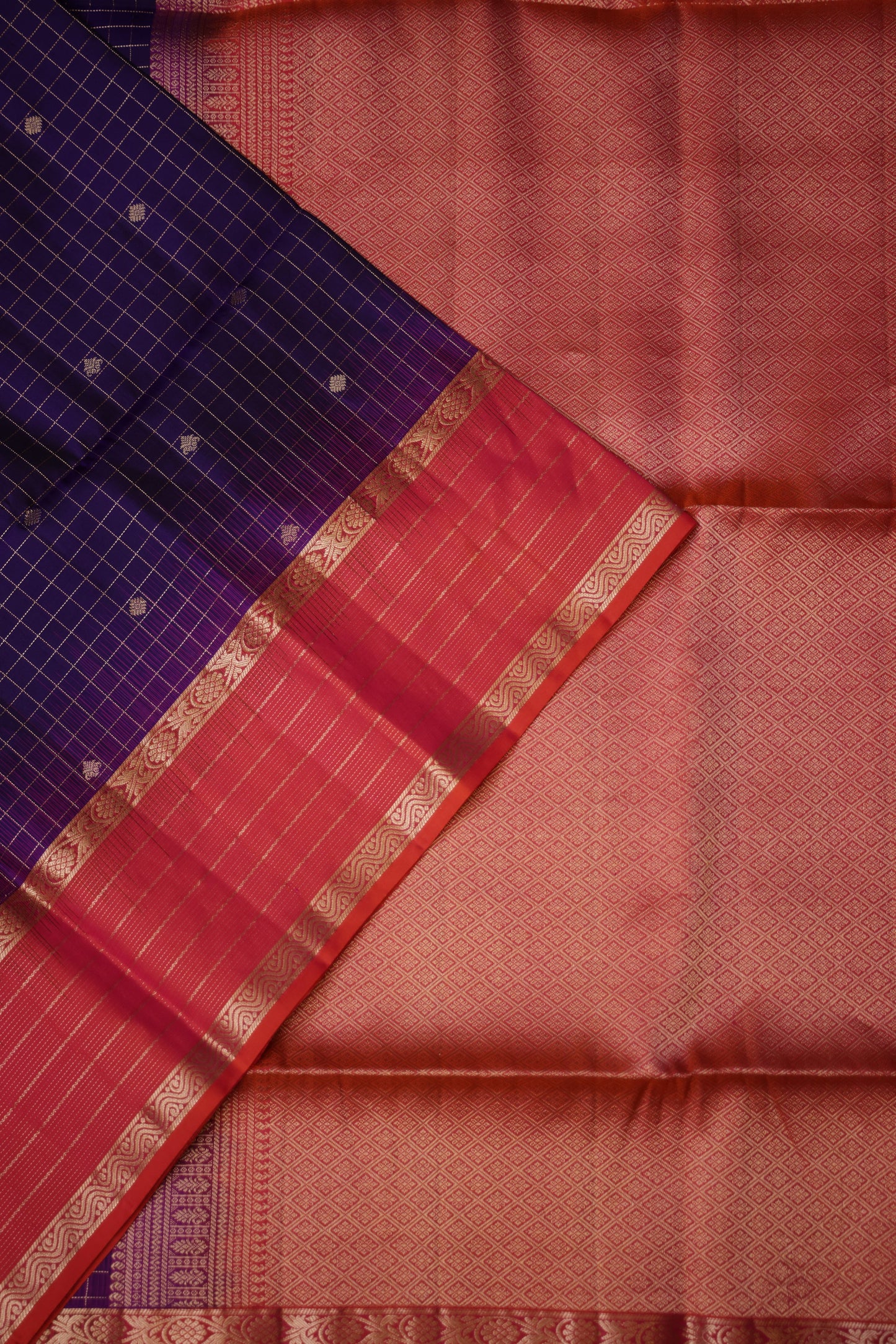 Pure Soft Silk Saree - Deep Purple with Pink & Orange
