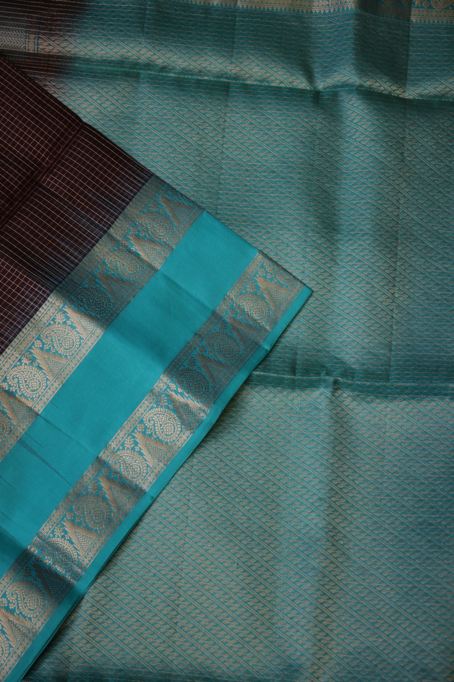 Pure Soft Silk Saree - Chocolate Brown and Turquoise Blue