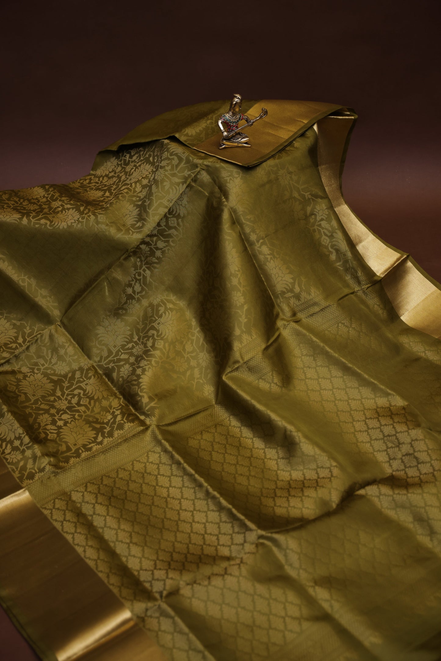Pure Soft Silk Saree - Olive Green with Gold