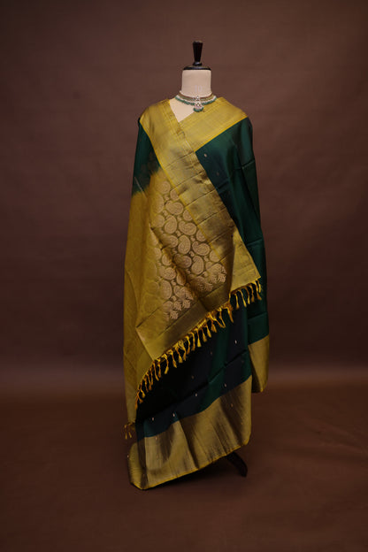 Pure Soft Silk Saree - Bottle Green & Mustard Yellow