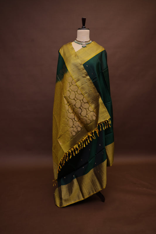 Pure Soft Silk Saree - Bottle Green & Mustard Yellow