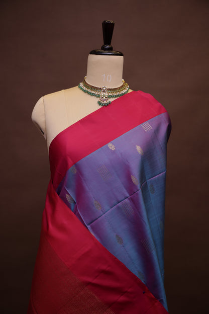 Pure Soft Silk Saree - Blue-Violet with Pink Border