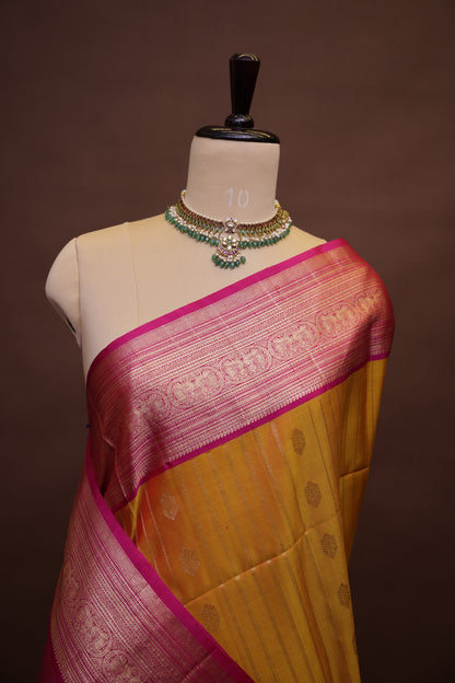 Pure Soft Silk Saree - Mustard Yellow with Hot Pink