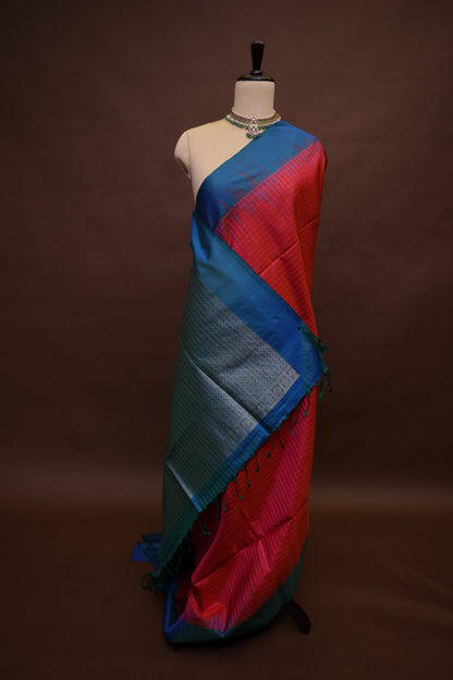 Pure Soft Silk Saree - Pink with Copper Sulphate Blue