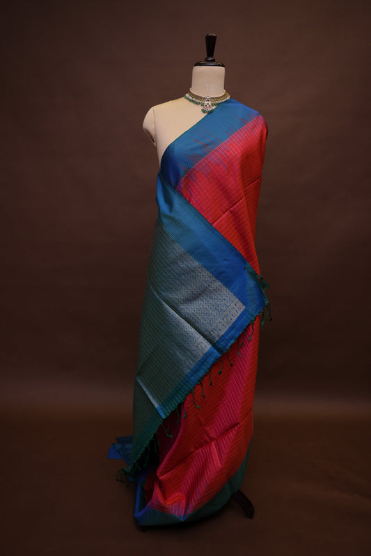 Pure Soft Silk Saree - Pink with Copper Sulphate Blue