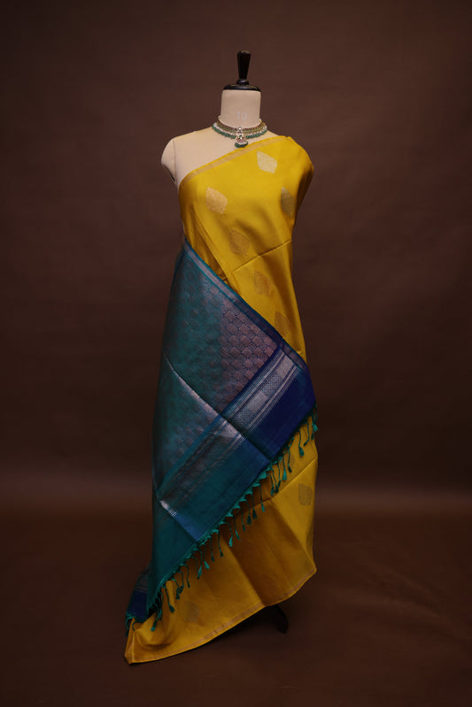 Pure Soft Silk Saree - Bright Turmeric Yellow with Teal Blue & Green