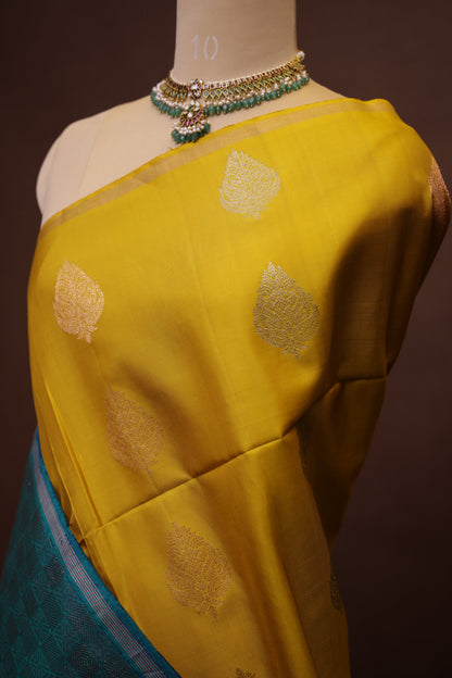 Pure Soft Silk Saree - Bright Turmeric Yellow with Teal Blue & Green