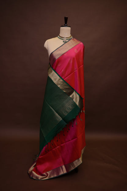 Pure Soft Silk Saree - Rich Pink with Deep Green