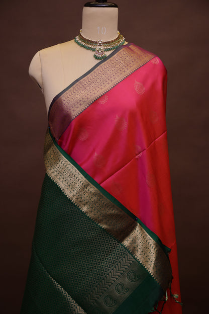Pure Soft Silk Saree - Rich Pink with Deep Green