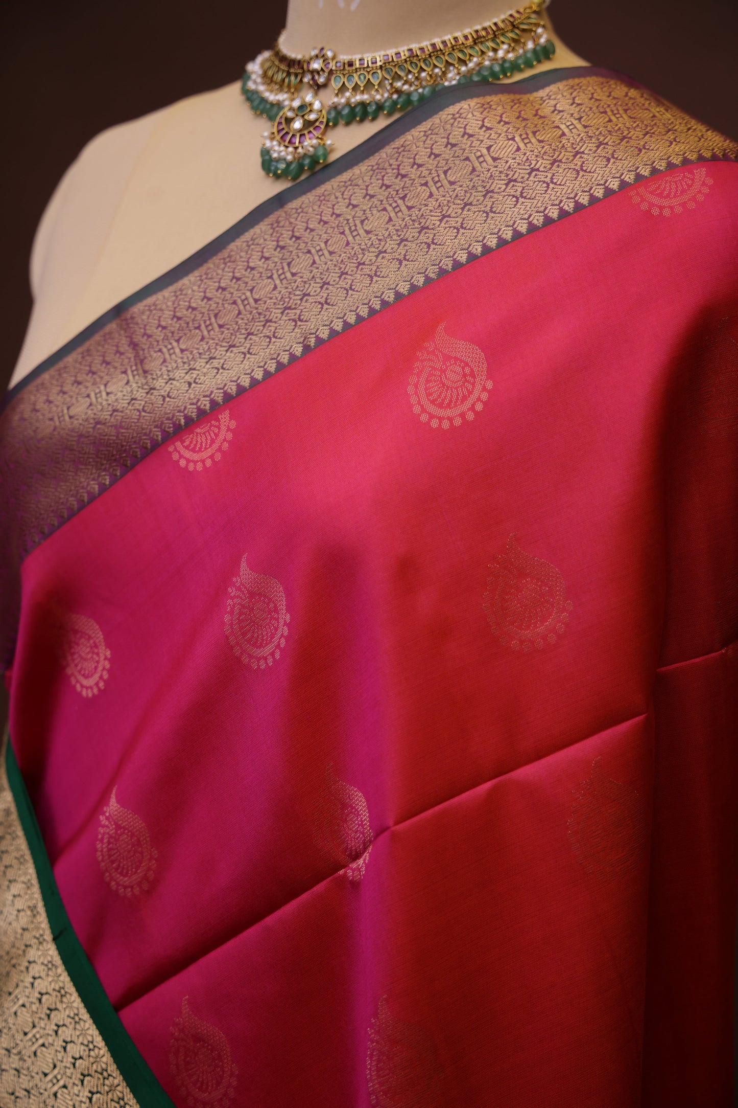 Pure Soft Silk Saree - Rich Pink with Deep Green