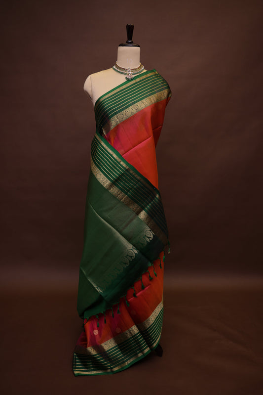 Pure Soft Silk Saree - Pink and Orange with Deep Green