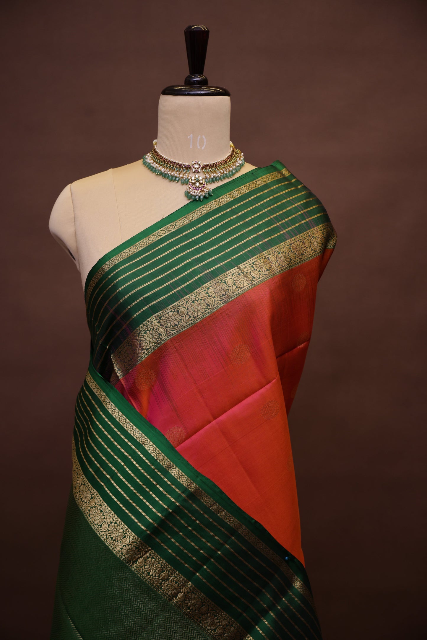 Pure Soft Silk Saree - Pink and Orange with Deep Green